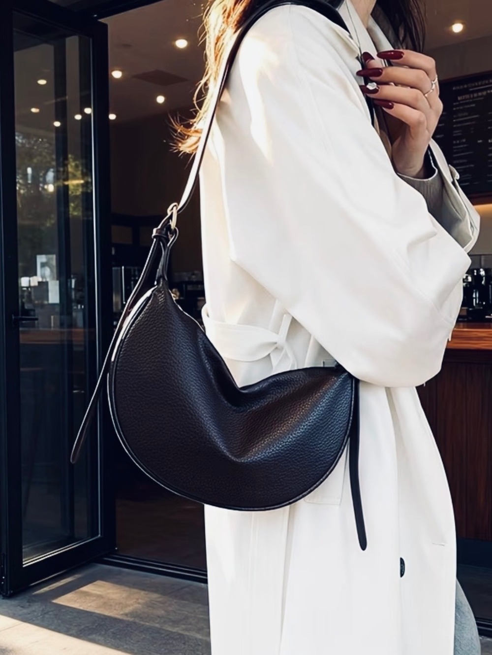 New -Sleek & Stylish -Genuine Leather Crescent Hobo Bag -Black